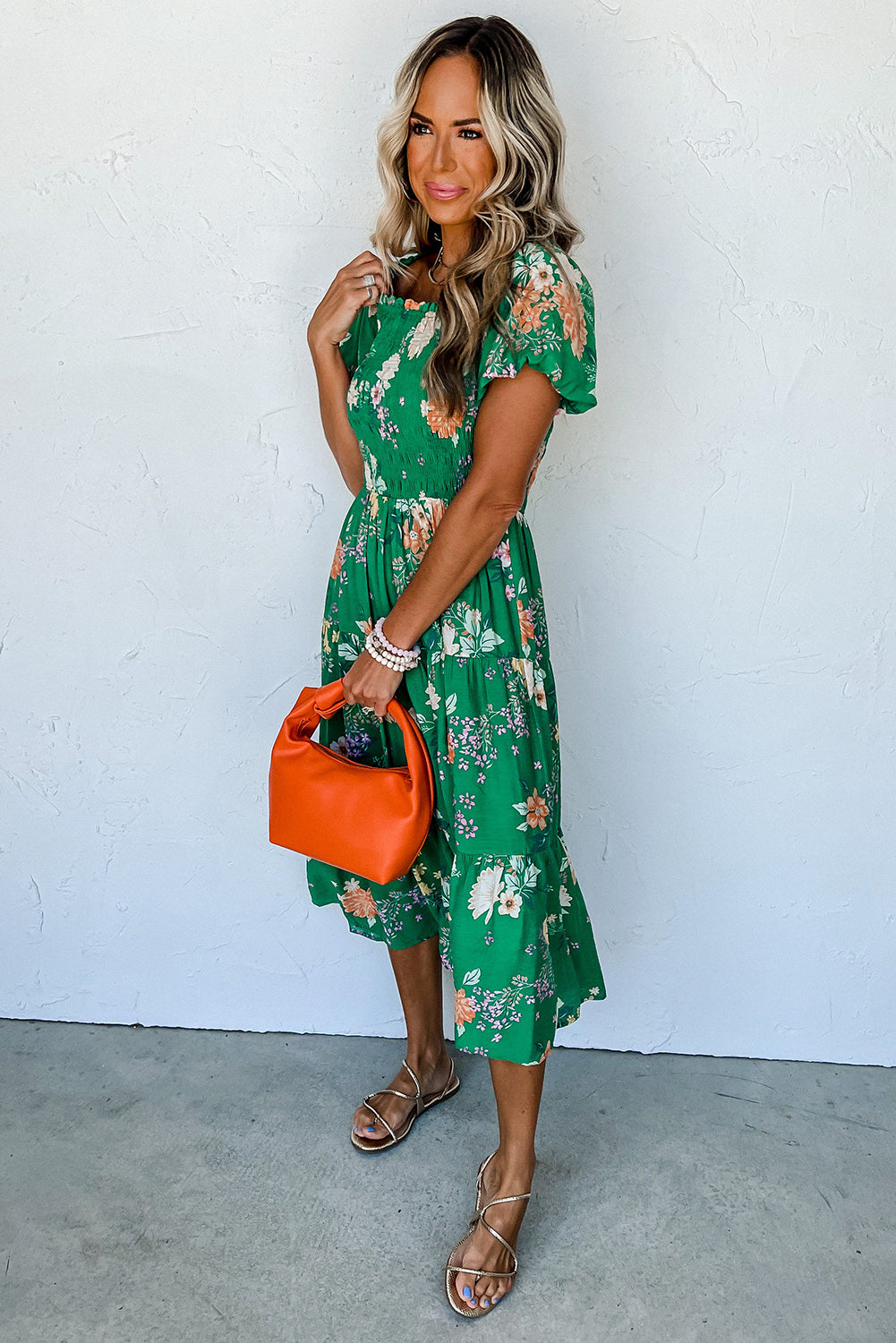 Green Floral Bubble Sleeve Smocked Tiered Long Dress Dresses JT's Designer Fashion