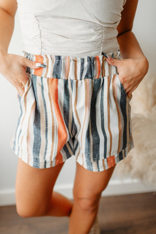 Stripe Vintage Washed Elastic Frill Waist Casual Shorts Casual Shorts JT's Designer Fashion