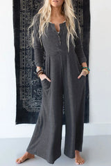 Gray Button Long Sleeve Wide Leg Jumpsuit Gray 85%Polyester+10%Cotton+5%Elastane Jumpsuits & Rompers JT's Designer Fashion