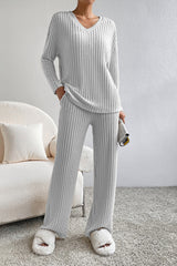 Light Grey Ribbed Knit V Neck Slouchy Two-piece Outfit Bottoms JT's Designer Fashion