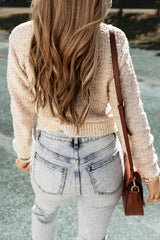 Oatmeal Pearl Buttons Textured Sweater Cardigan Sweaters & Cardigans JT's Designer Fashion