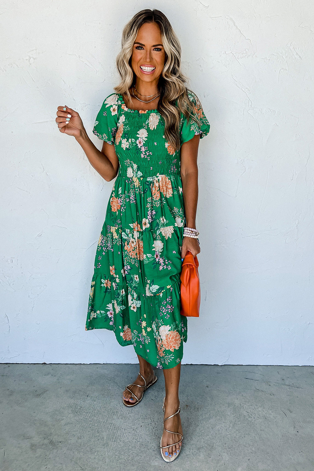 Green Floral Bubble Sleeve Smocked Tiered Long Dress Dresses JT's Designer Fashion