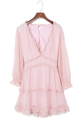 Pink Layered Ruffled Open Back Puff Sleeve Swiss Dot Mini Dress Mini Dresses JT's Designer Fashion