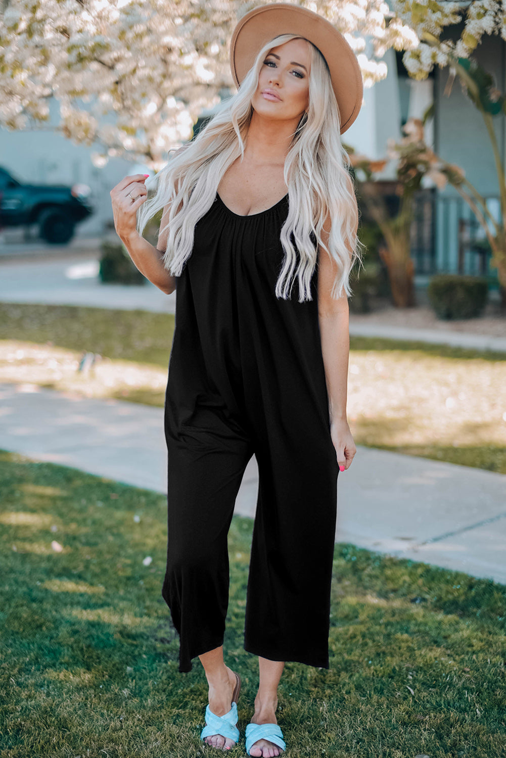 Black Spaghetti Straps Wide Leg Pocketed Jumpsuits Black 95%Polyester+5%Spandex Jumpsuits & Rompers JT's Designer Fashion