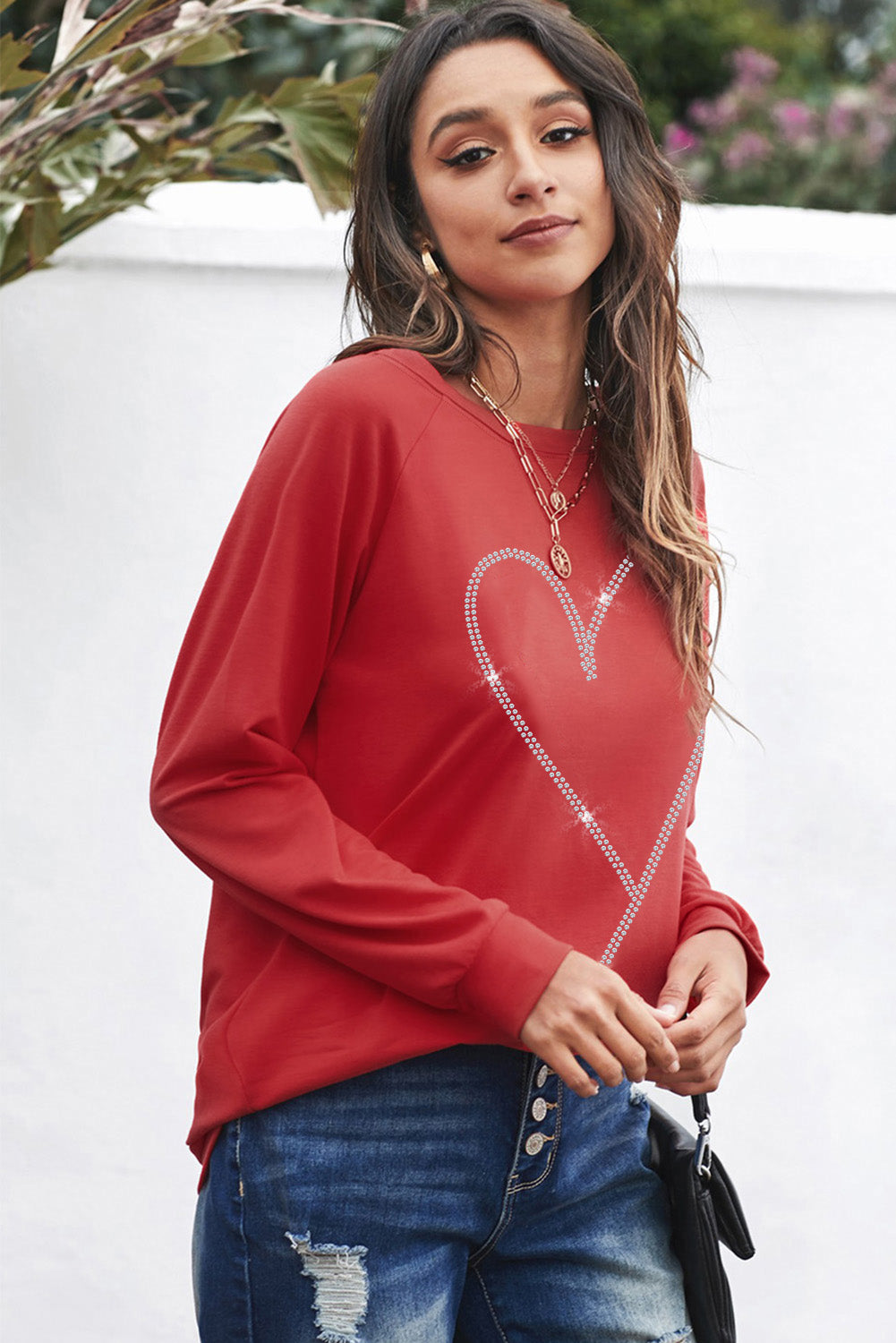 Fiery Red Rhinestone Heart Shaped Long Sleeve Sweatshirt Graphic Sweatshirts JT's Designer Fashion