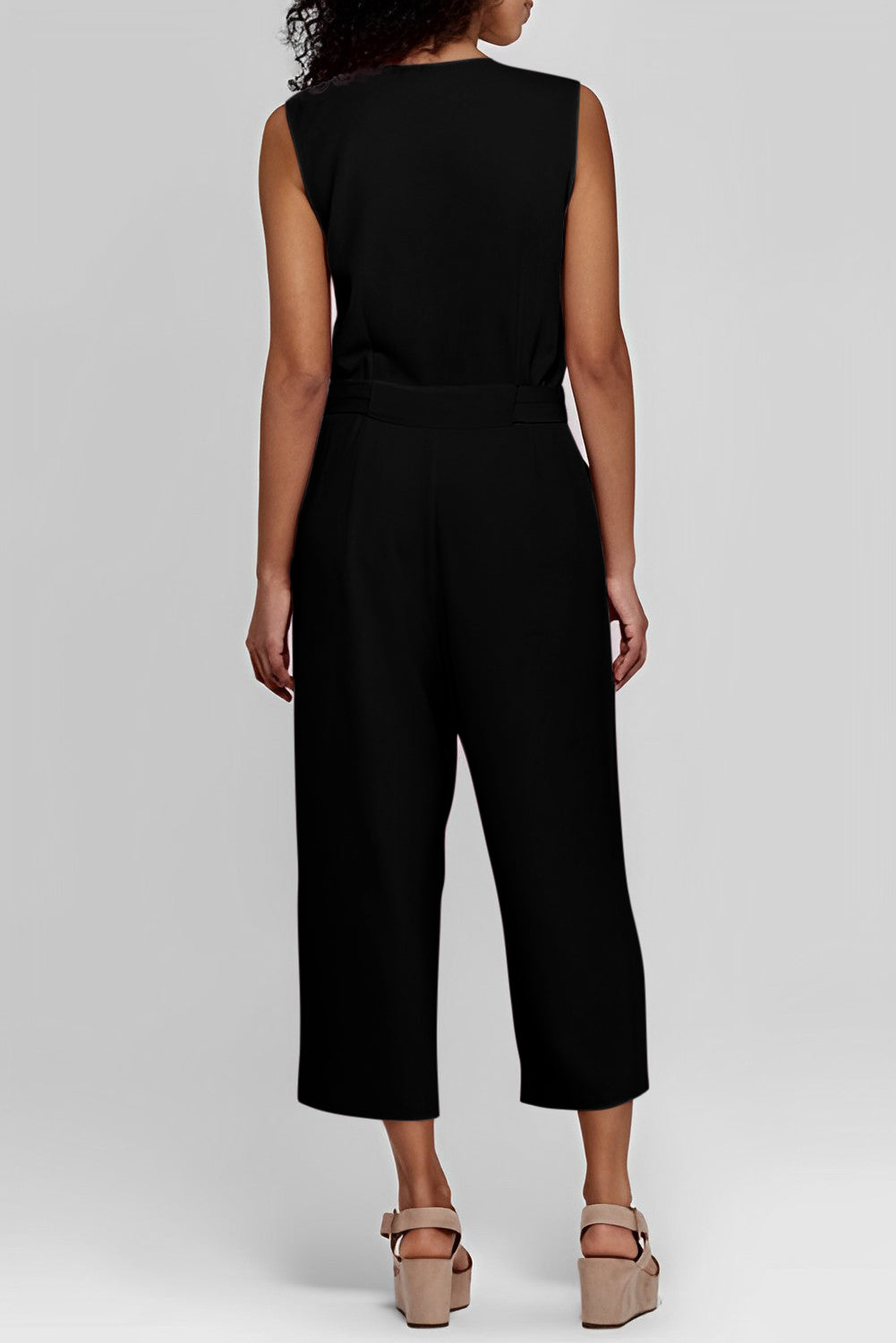 Black Buttoned Sleeveless Cropped Jumpsuit with Sash Jumpsuits & Rompers JT's Designer Fashion