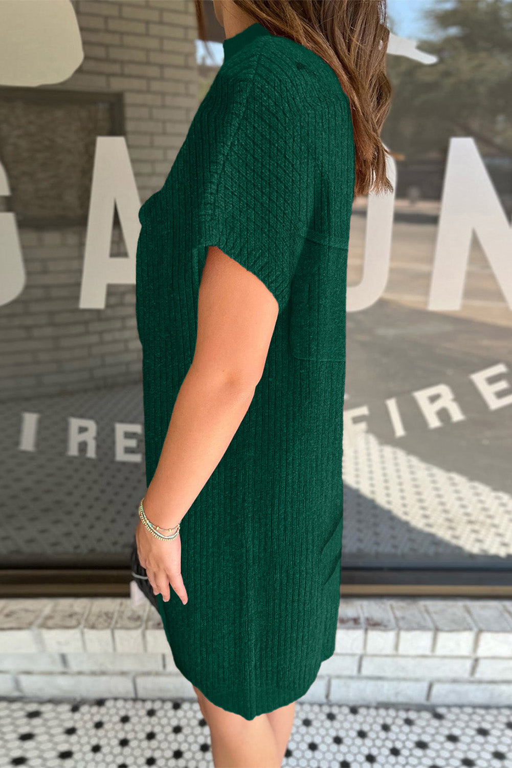 Blackish Green Patch Pocket Ribbed Knit Short Sleeve Sweater Dress Dresses JT's Designer Fashion