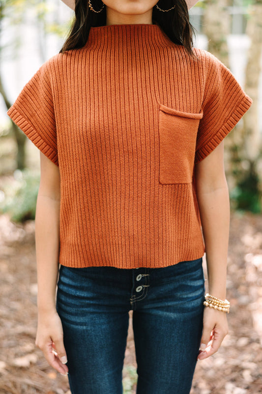 Gold Flame Patch Pocket Ribbed Knit Short Sleeve Sweater Sweaters & Cardigans JT's Designer Fashion