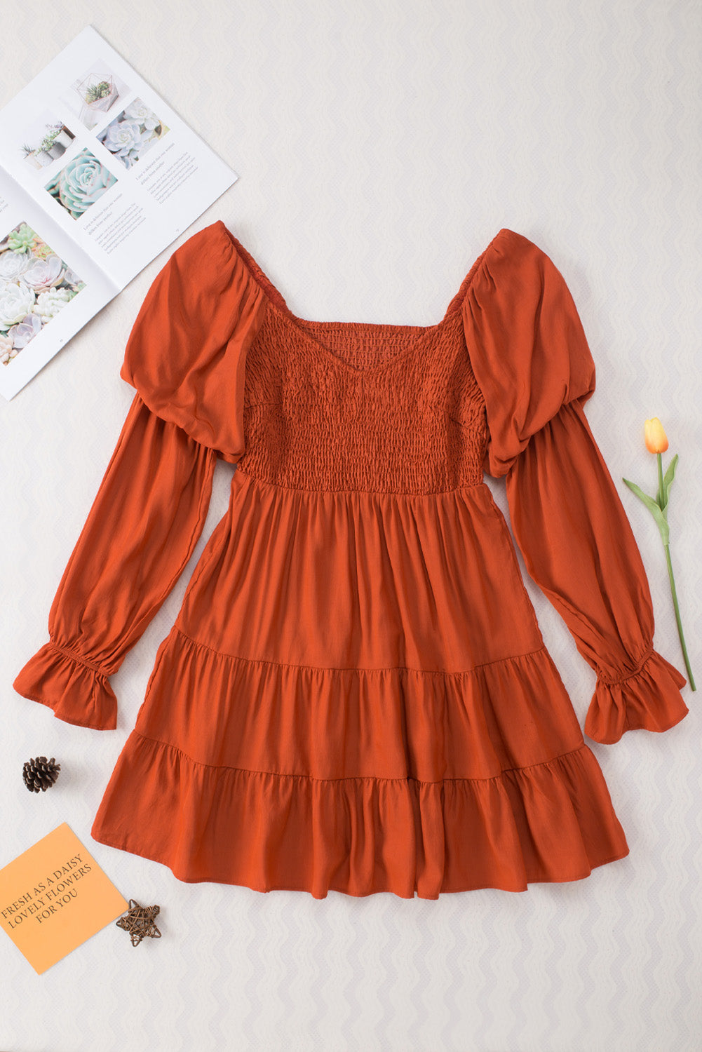 Brown Boho Solid Shirred Ruffle Mini Dress Mini Dresses JT's Designer Fashion