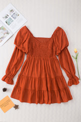 Brown Boho Solid Shirred Ruffle Mini Dress Mini Dresses JT's Designer Fashion