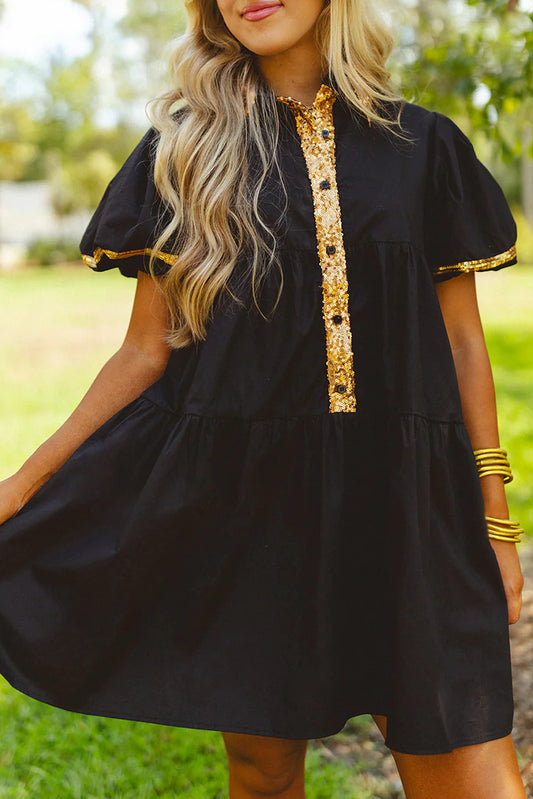 Black Sequin Trim Bubble Sleeve Game Day Shirt Dress Dresses JT's Designer Fashion