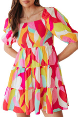 Multicolor Geometric Print Smocked Babydoll Mini Dress Mini Dresses JT's Designer Fashion