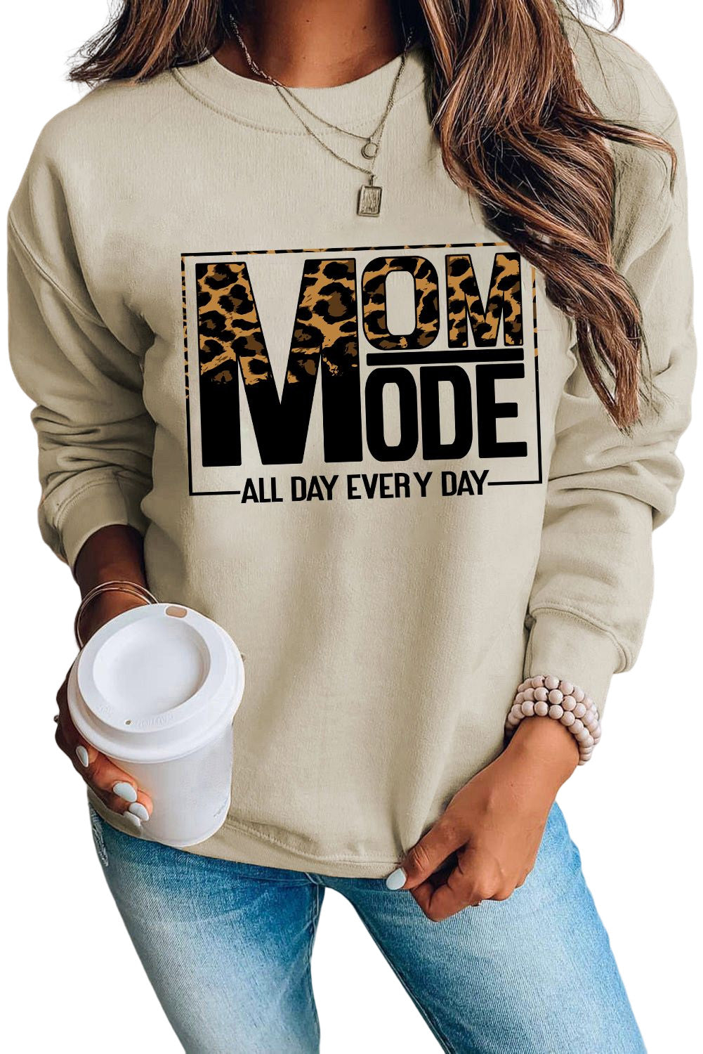 Khaki MOM MODE Leopard Print Long Sleeve Sweatshirt Graphic Sweatshirts JT's Designer Fashion