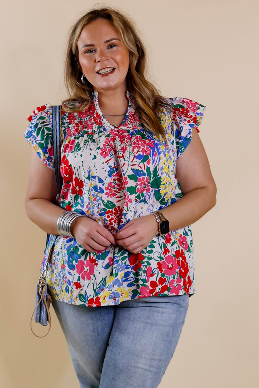 Red Plus Floral Print Ruffle Cap Sleeve V Neck Blouse Plus Size JT's Designer Fashion
