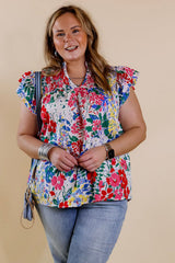 Red Plus Floral Print Ruffle Cap Sleeve V Neck Blouse Plus Size JT's Designer Fashion