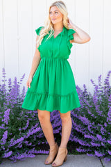 Bright Green Split V Neck Elastic Waist Ruffled Dress Dresses JT's Designer Fashion