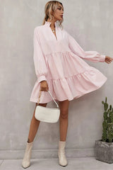 Pink Frilled Stand Collar Long Sleeve Ruffle Dress Mini Dresses JT's Designer Fashion