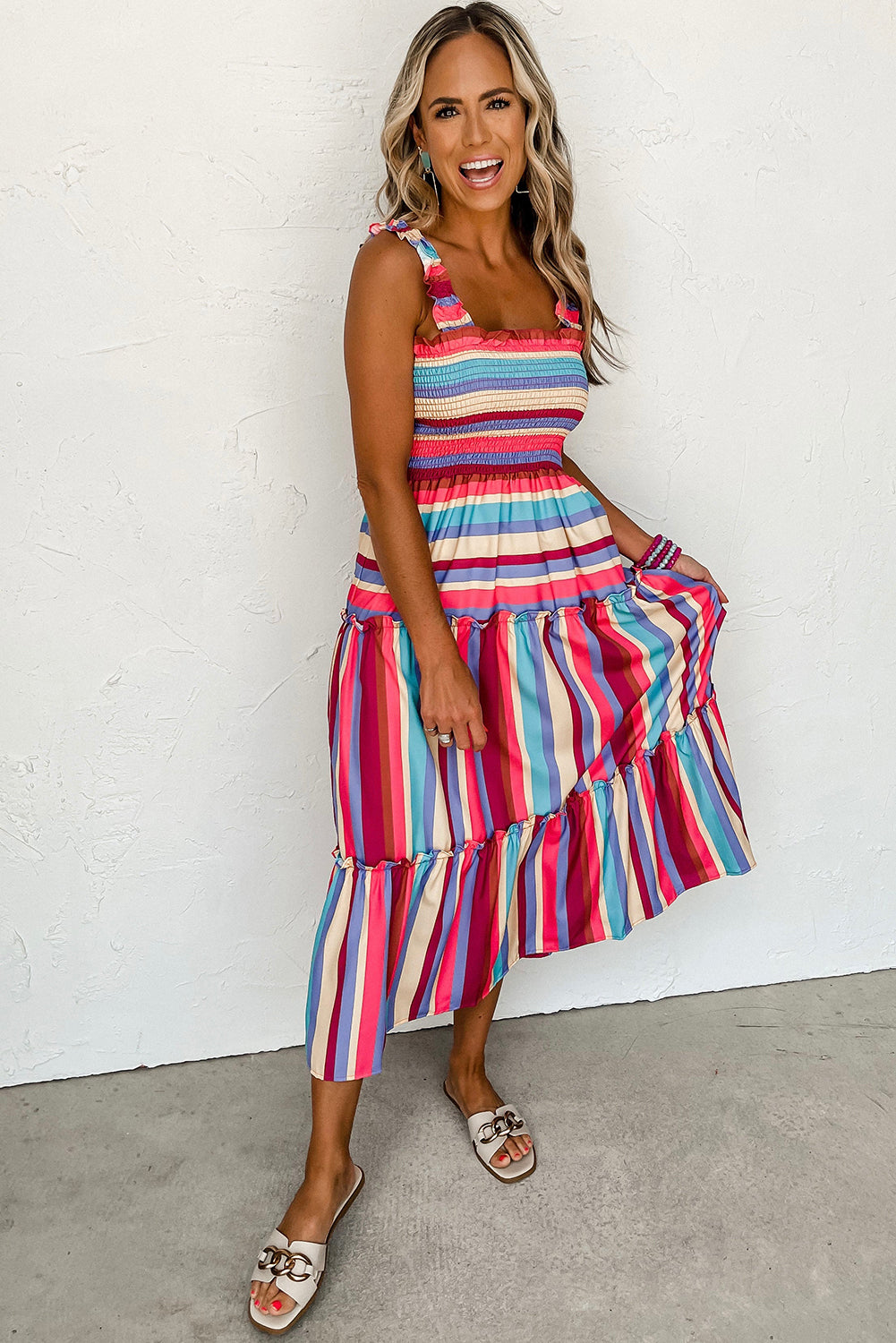 Red Stripe Ruffle Straps Smocked Tiered Long Dress Dresses JT's Designer Fashion