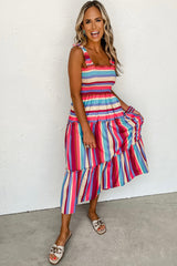Red Stripe Ruffle Straps Smocked Tiered Long Dress Dresses JT's Designer Fashion