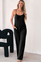 Black Loose Fit Side Pockets Spaghetti Strap Wide Leg Jumpsuit Jumpsuits & Rompers JT's Designer Fashion