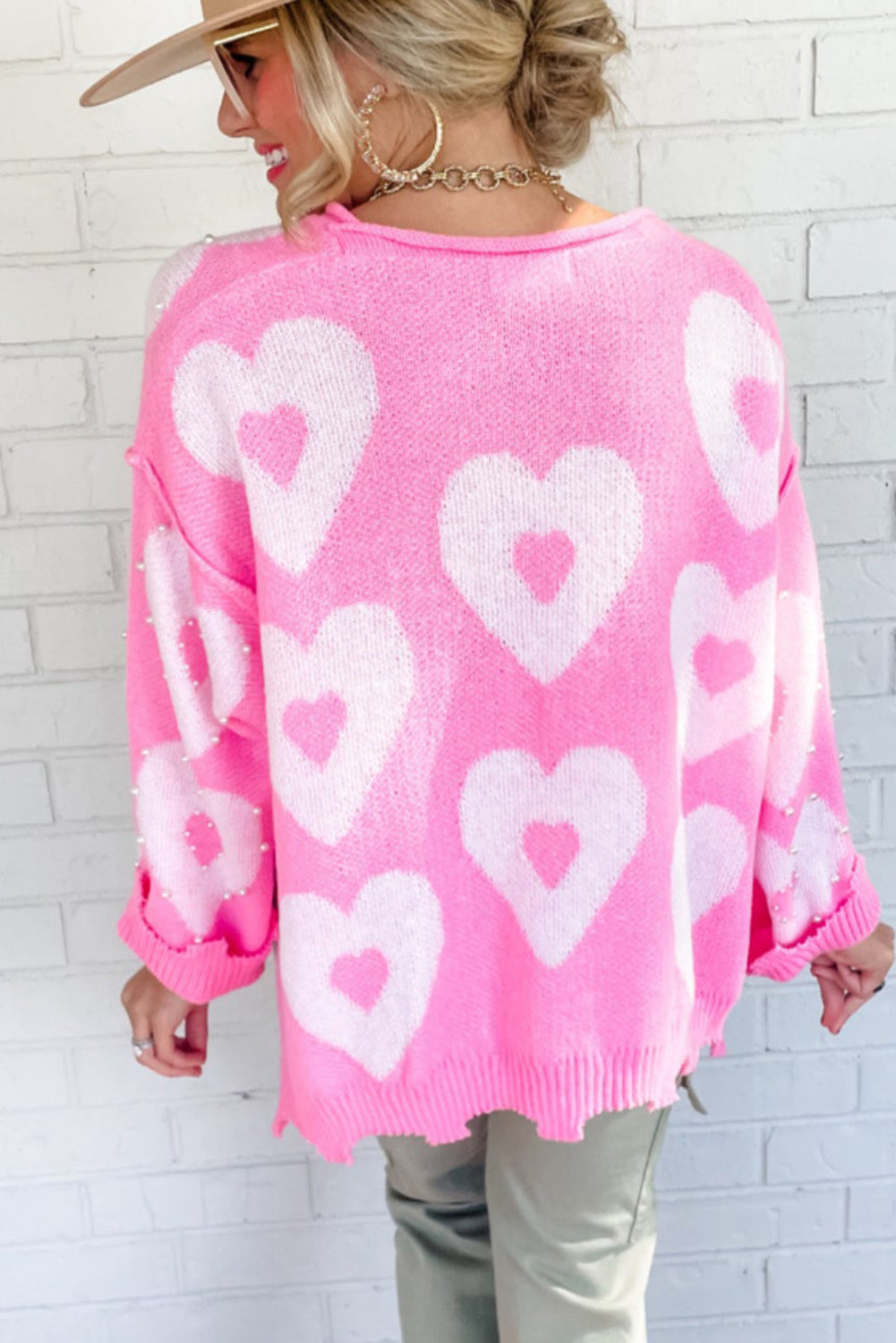 Bonbon Pearl Beaded Floral Drop Shoulder Sweater Sweaters & Cardigans JT's Designer Fashion
