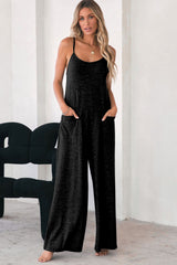 Black Loose Fit Side Pockets Spaghetti Strap Wide Leg Jumpsuit Jumpsuits & Rompers JT's Designer Fashion