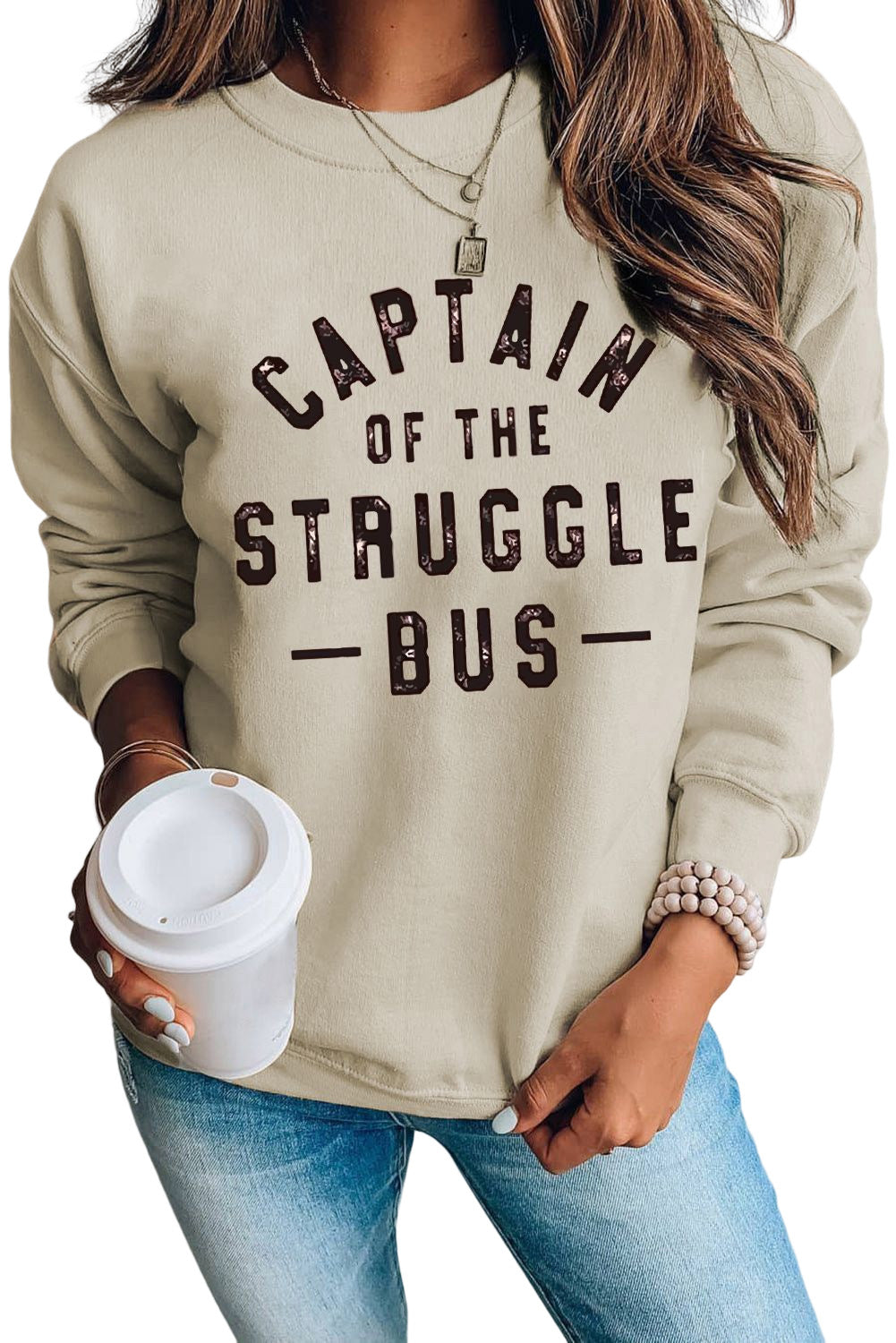 Khaki CAPTIN Of THE STRUGGLE BUS Graphic Sweatshirt Graphic Sweatshirts JT's Designer Fashion