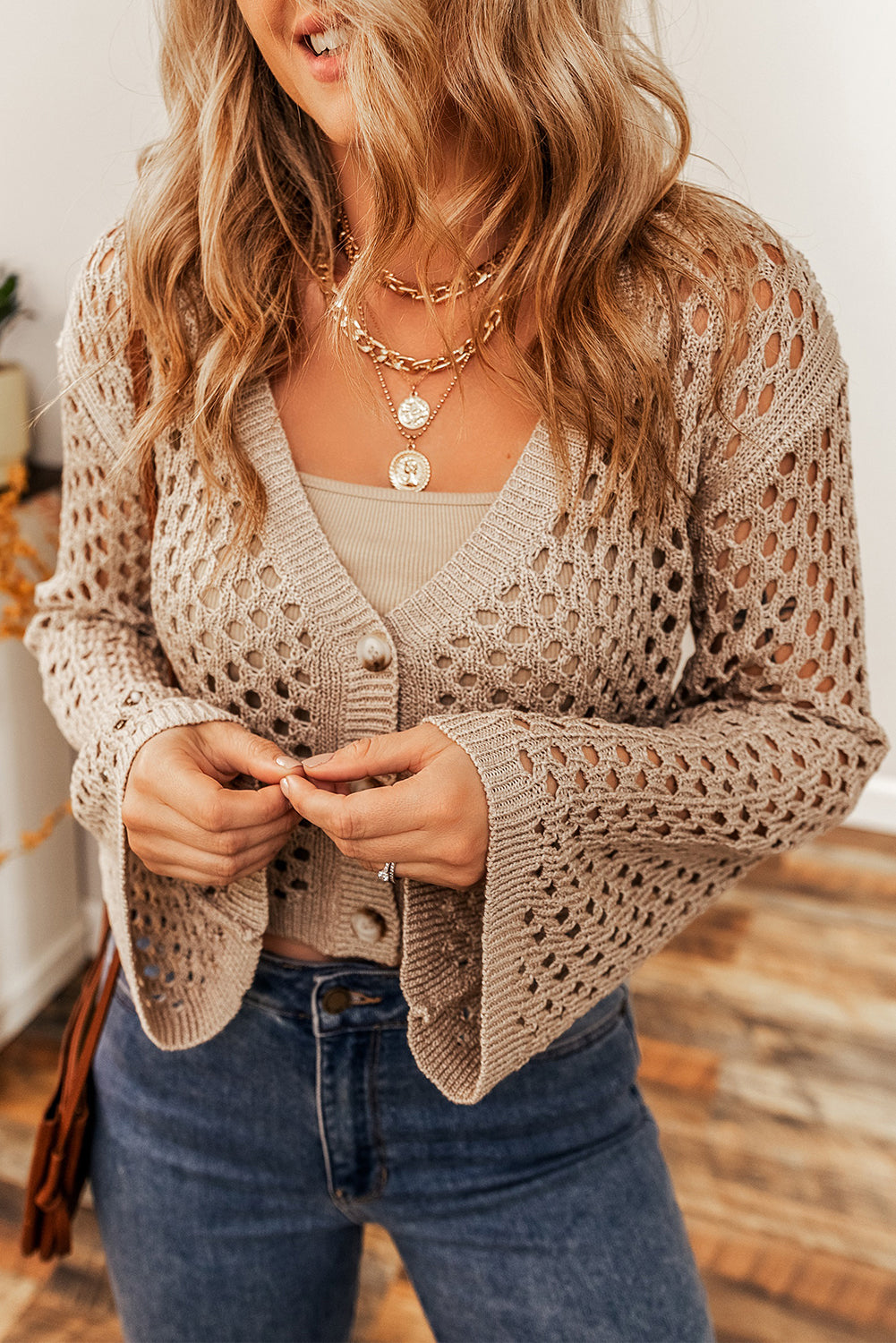 Smoke Gray Pointelle Knit V Neck Button Up Crop Cardigan Sweaters & Cardigans JT's Designer Fashion