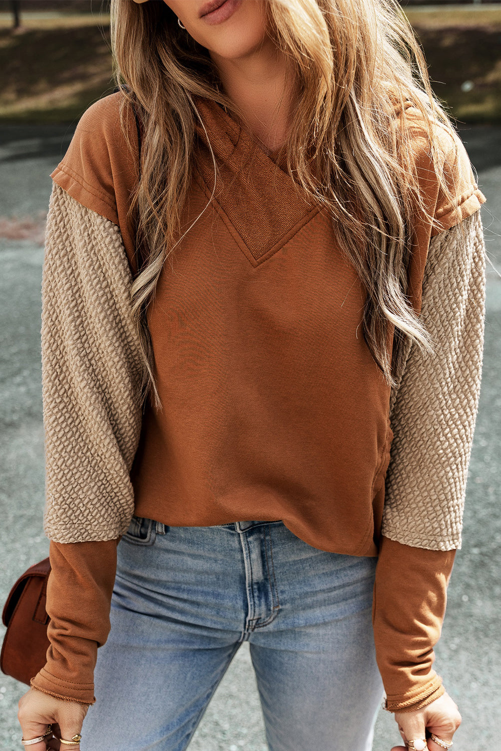 Chestnut Contrast Splicing Sleeves Hooded Sweatshirt Sweatshirts & Hoodies JT's Designer Fashion