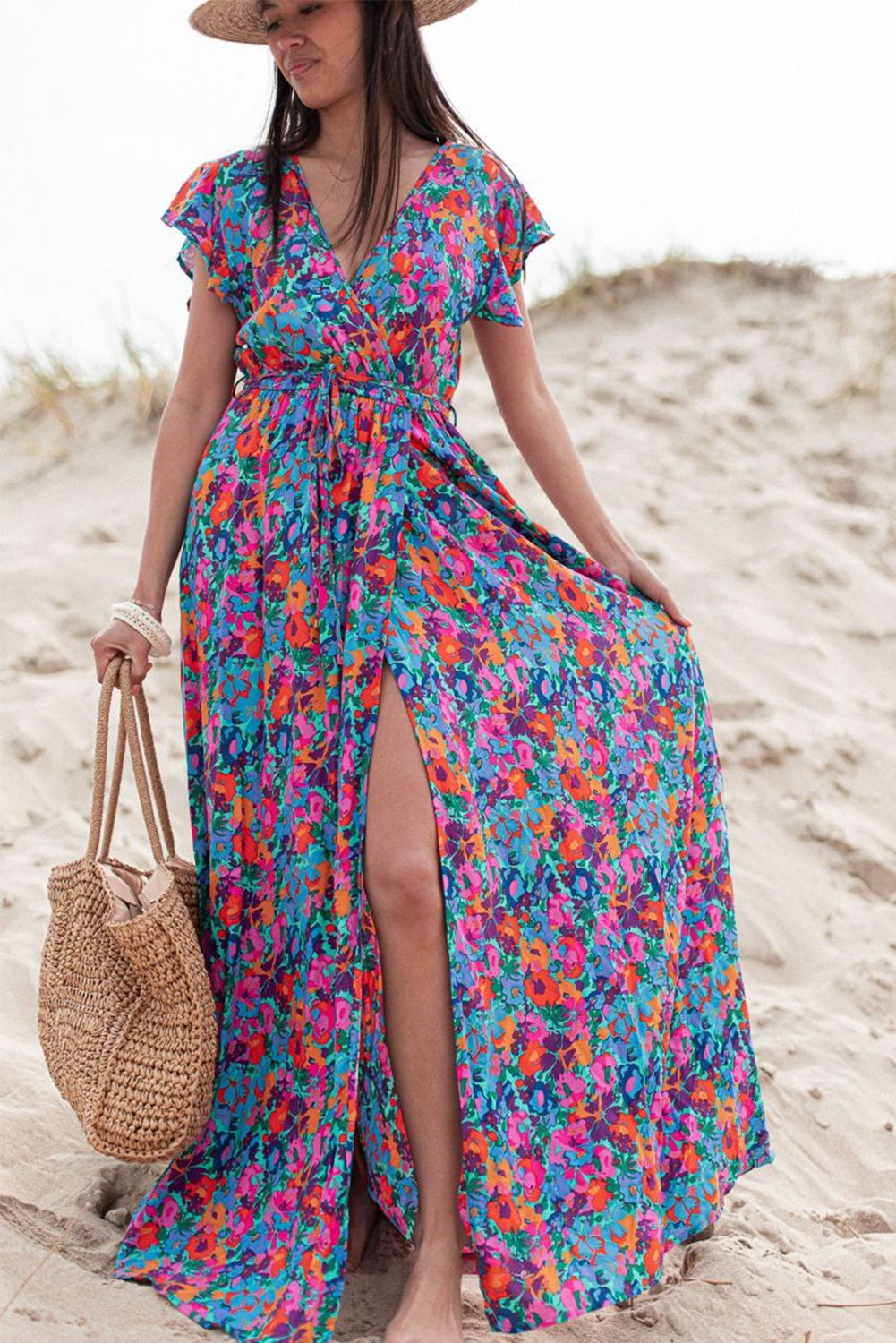 Blue V-neck ruffled floral split dress Dresses JT's Designer Fashion