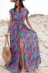 Blue V-neck ruffled floral split dress Dresses JT's Designer Fashion