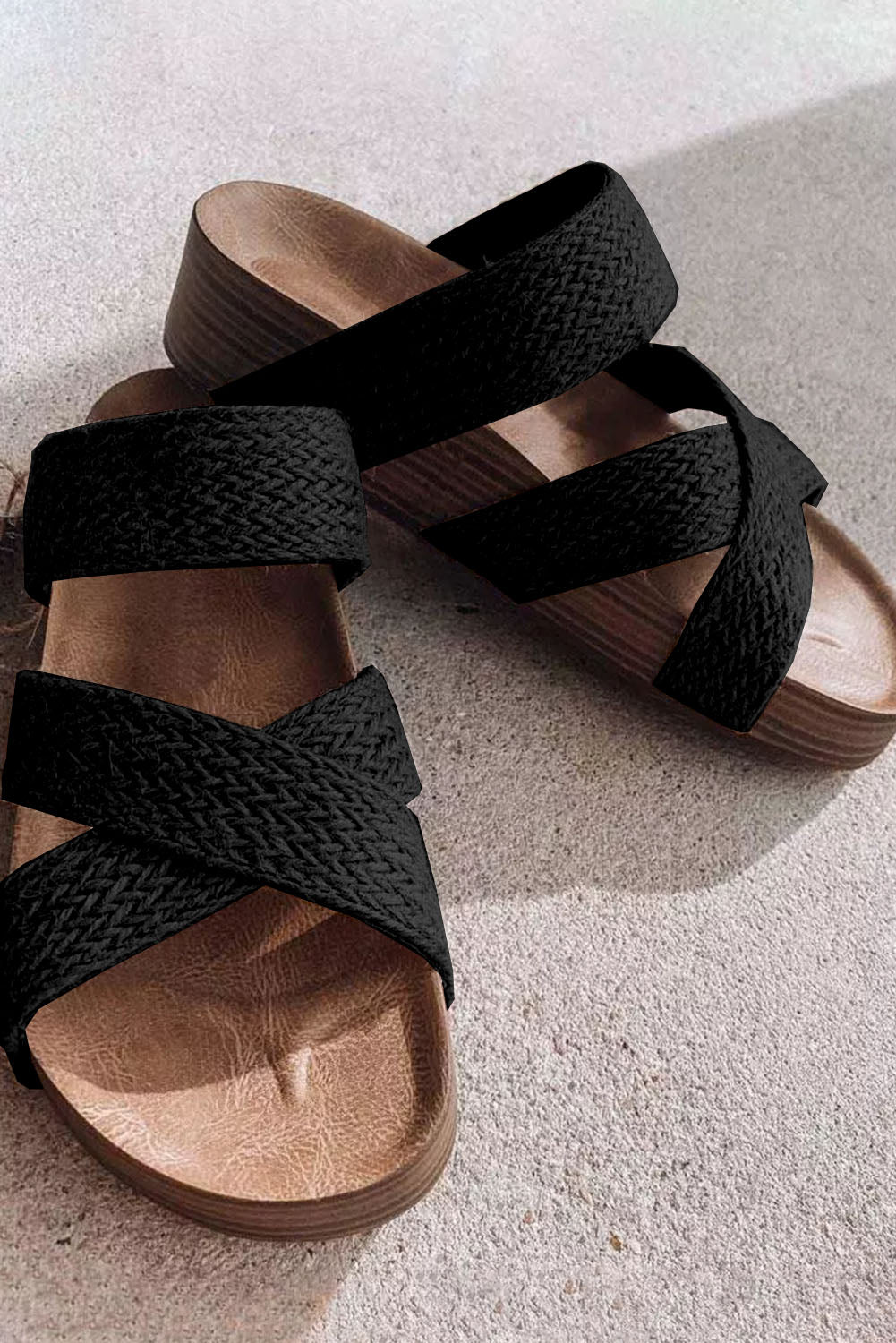 Black Linen Woven Cross Criss Hollowed Slip-On Slippers Slippers JT's Designer Fashion