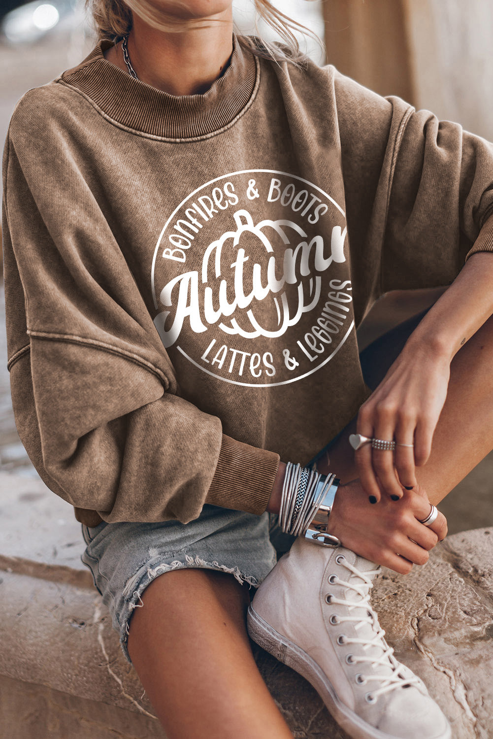 Brown Autumn Pumpkin Print Loose Drop Shoulder Sweatshirt Graphic Sweatshirts JT's Designer Fashion