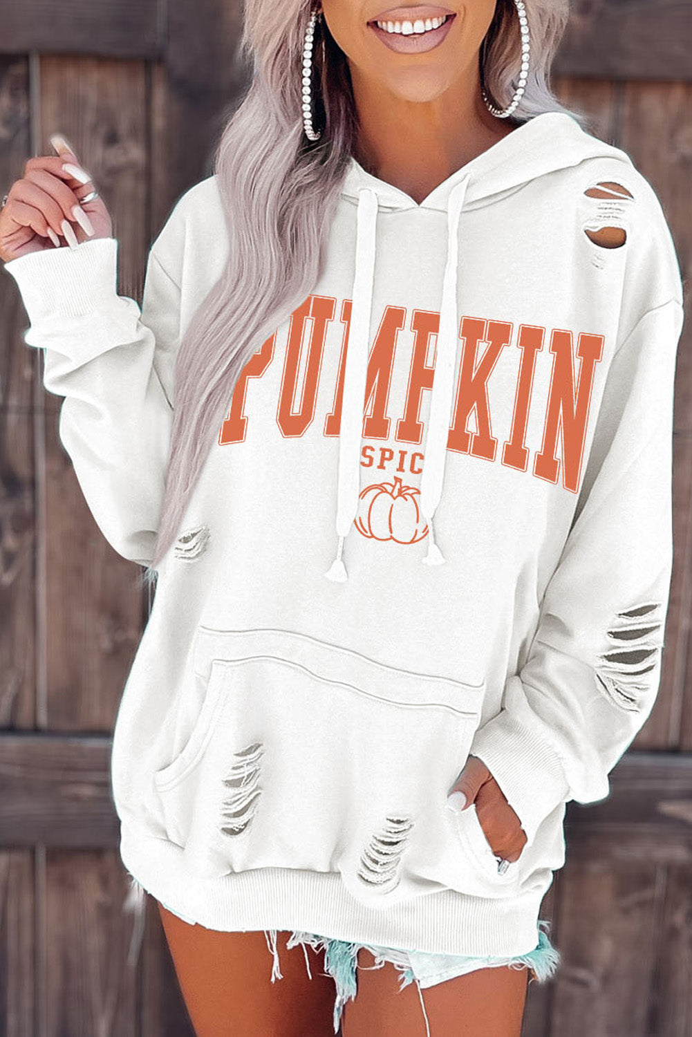 White PUMPKIN SPICE Distressed Hoodie White 62.7%Polyester+37.3%Cotton Graphic Sweatshirts JT's Designer Fashion