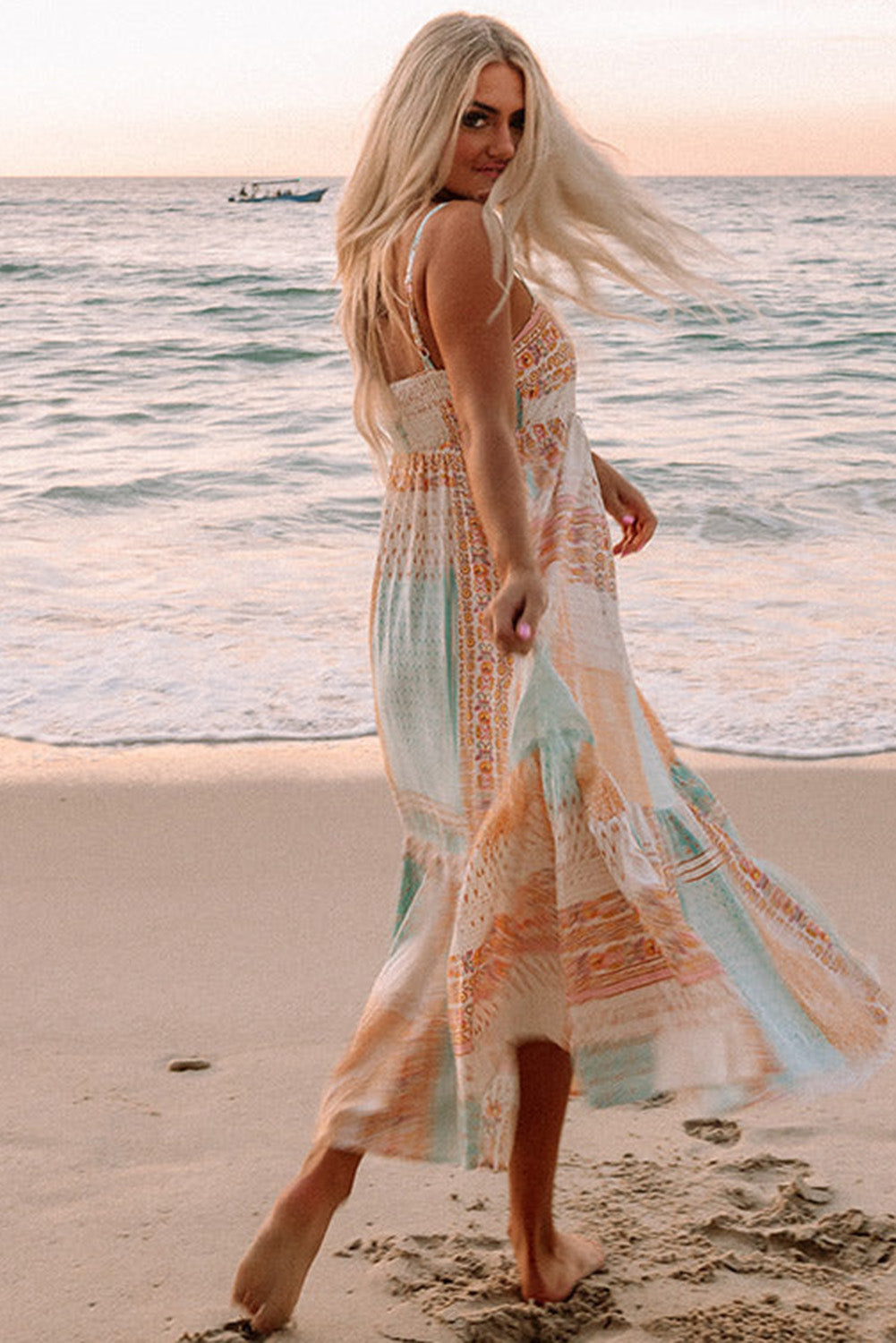 Multicolor Boho Patchwork Print Square Neck Sundress Maxi Dresses JT's Designer Fashion