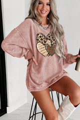 Pink Leopard Heart Shape Corded Loose Fit Sweatshirt Graphic Sweatshirts JT's Designer Fashion