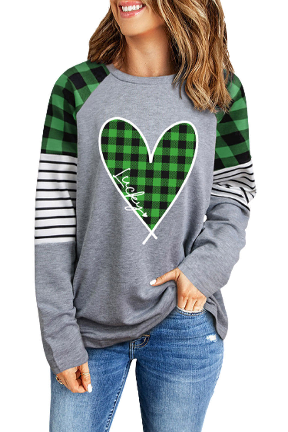 Green Lucky Plaid Heart Striped Color Block Long Sleeve Top Graphic Sweatshirts JT's Designer Fashion