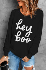 Black Hey Boo Letter Print Long Sleeve Pullover Sweatshirt Black 70%Polyester+30%Cotton Graphic Sweatshirts JT's Designer Fashion