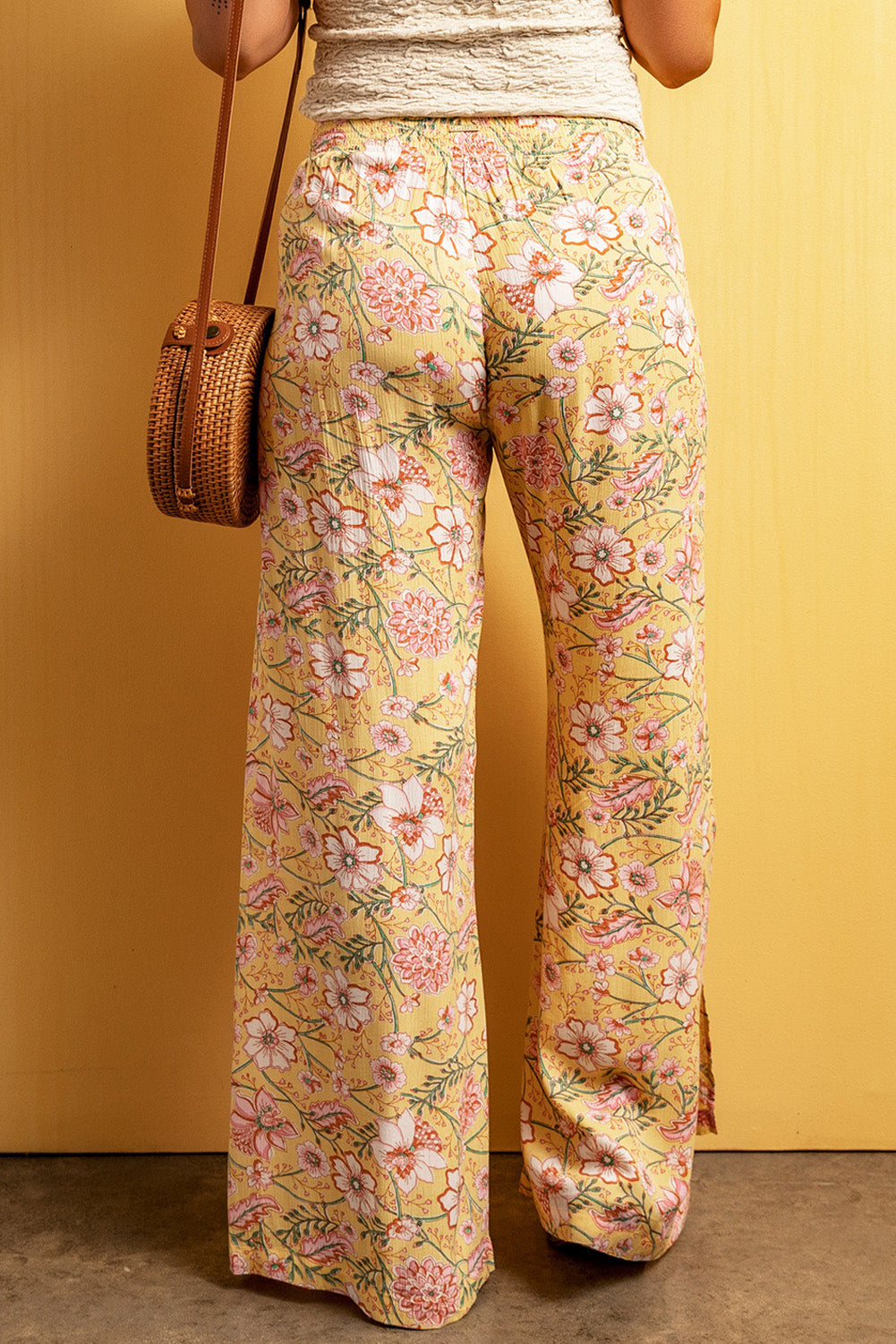 Yellow Thigh High Split Wide Leg Floral Pants Bottoms JT's Designer Fashion