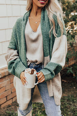 Green Colorblock Draped Open Front Chunky Cardigan Sweaters & Cardigans JT's Designer Fashion