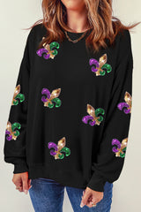Black Sequin Mardi Gras Graphic Pullover Sweatshirt Graphic Sweatshirts JT's Designer Fashion