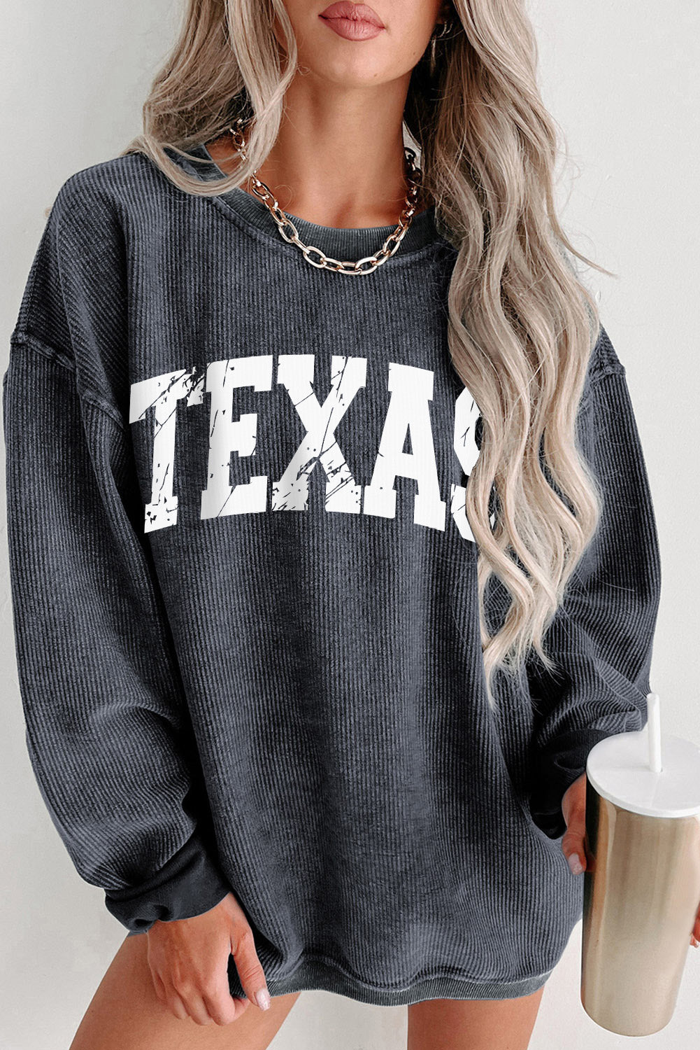 Gray TEXAS Graphic Corded Pullover Sweatshirt Gray 100%Polyester Graphic Sweatshirts JT's Designer Fashion