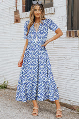Sky Blue V Neck Casual Geometric Print Long Dress Maxi Dresses JT's Designer Fashion