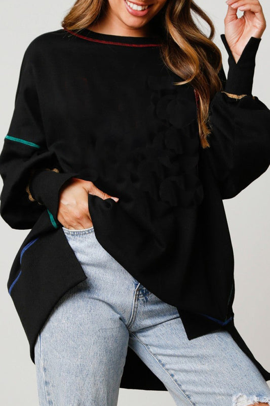 Black Contrast Stitching Split Baggy Sweatshirt Sweatshirts & Hoodies JT's Designer Fashion
