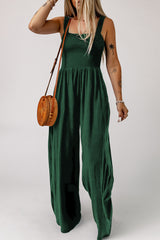 Green Smocked Sleeveless Wide Leg Jumpsuit with Pockets Jumpsuits & Rompers JT's Designer Fashion