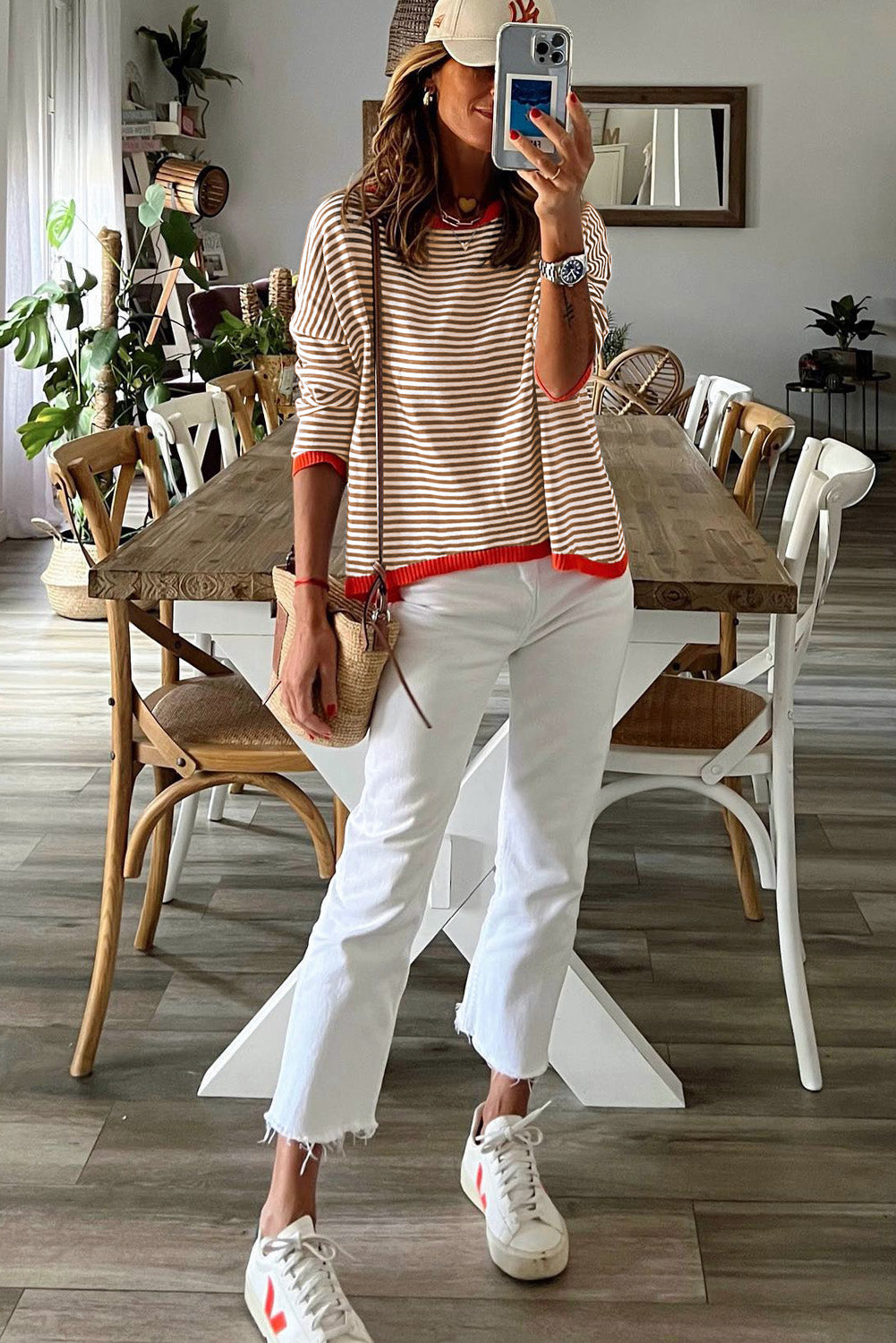 Brown Contrast Trimmed Striped Drop Shoulder Sweater Sweaters & Cardigans JT's Designer Fashion