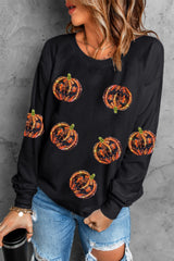 Black Sequin Halloween Pumpkin Graphic Pullover Sweatshirt Graphic Sweatshirts JT's Designer Fashion