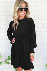 Black Frilled Neck Smocked Bodice Velvet Dress Dresses JT's Designer Fashion