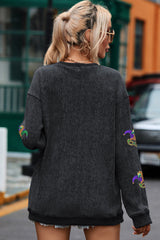 Black Mardi Gras Sequined Fleur De Lis Pattern Corded Sweatshirt Graphic Sweatshirts JT's Designer Fashion