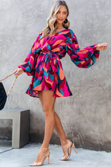 Red Abstract Printed Belted Puff Sleeve Mini Dress Mini Dresses JT's Designer Fashion